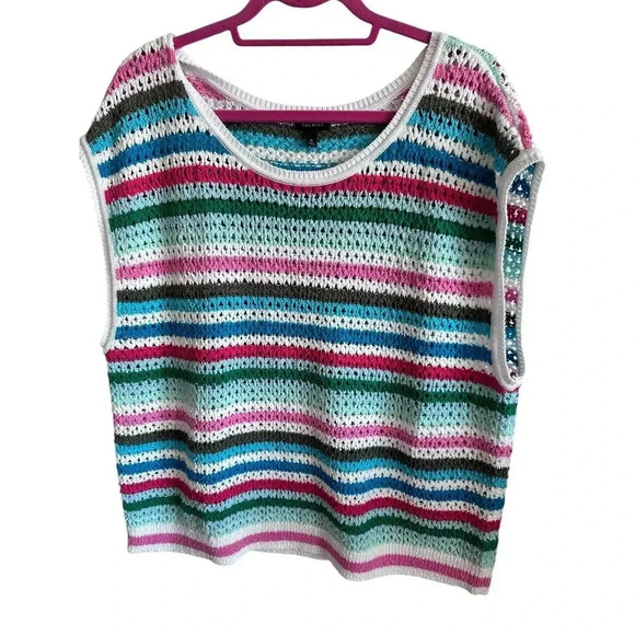 Talbots Multicolor Sunset Stripe Crochet Crew Neck Pullover Sweater Size XL - Picture 2 of 4